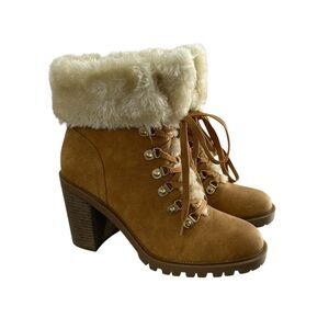 Guess‎ Hiker Grunge Fur Lug Sole Sweater Ankle Booties 9M Camel Chunky Jursy New